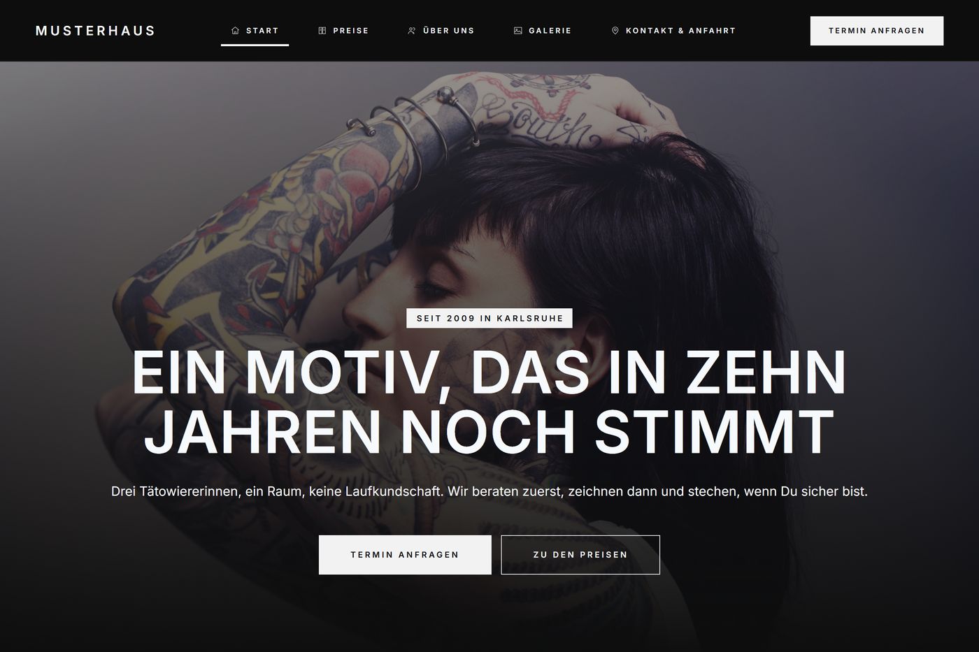 Startseite der Demo für ein Tattoo-Studio
