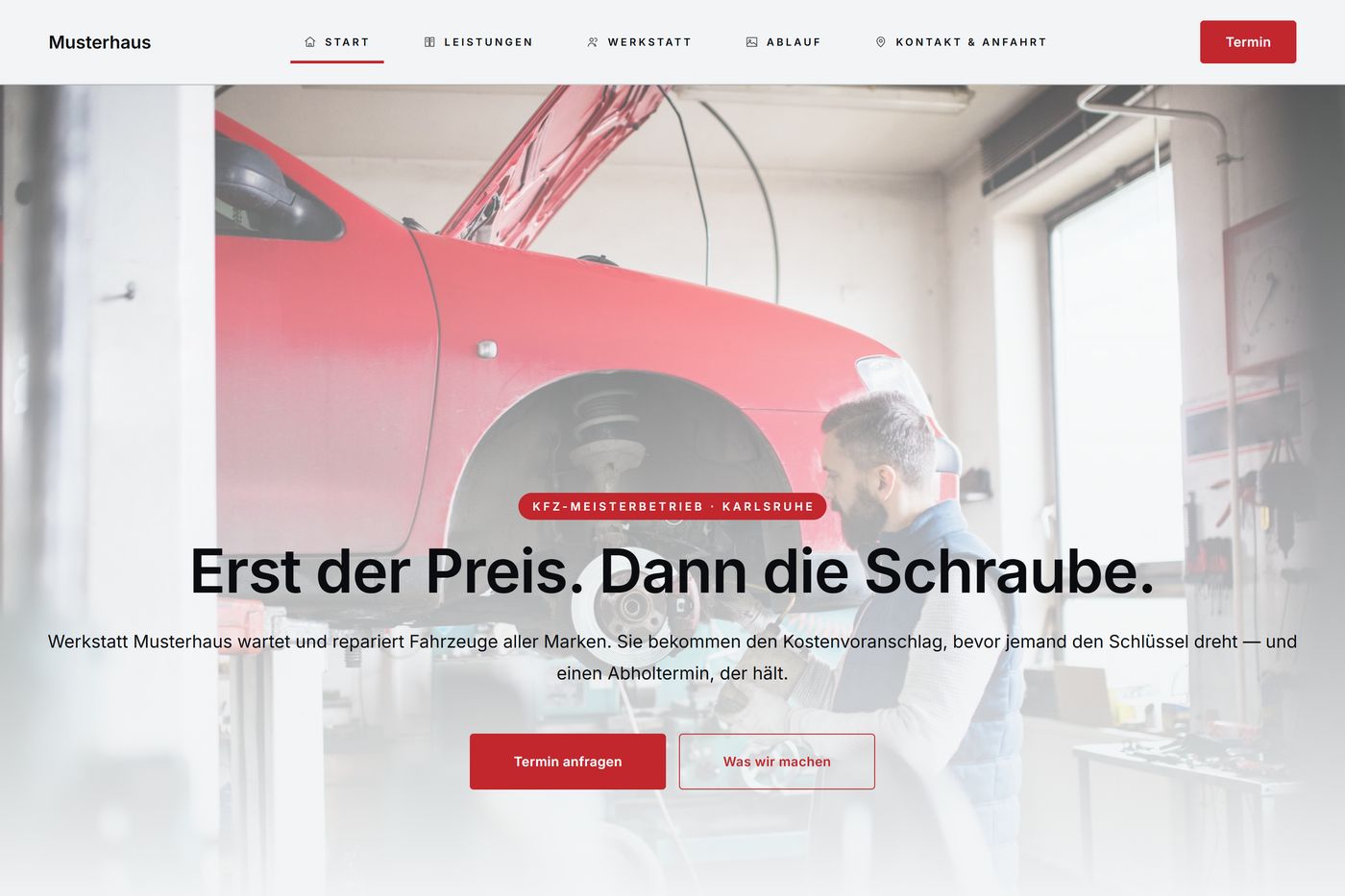 Startseite der Demo für eine KFZ-Werkstatt